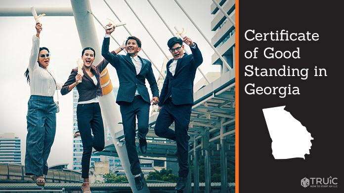 Business people on bridge celebrating certificate of good standing.