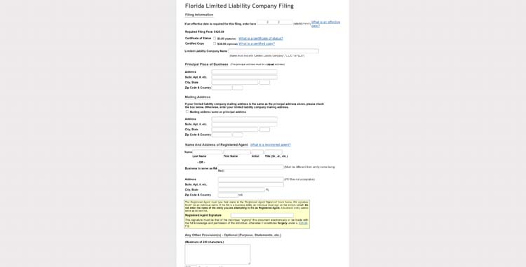 El acta constitutiva para crear una LLC en la página sunbiz.org.