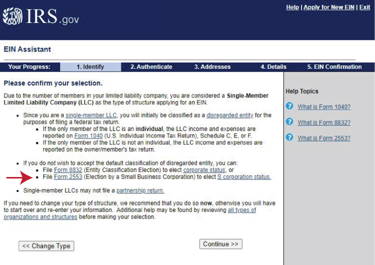 Screenshot of IRS online EIN application.